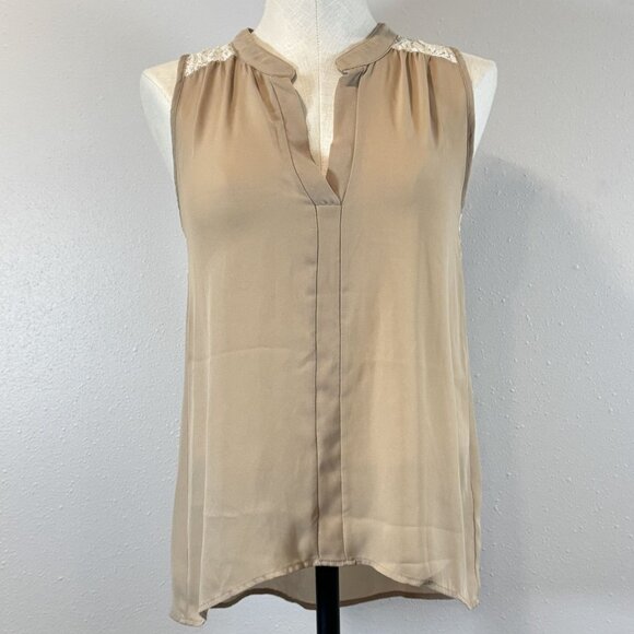 Not Forever Semi-Sheer Beige Lace Accent Sleeveless Blouse Lightweight Size M - Picture 1 of 12